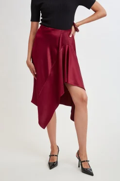 Elie Tahari Asymmetric Hem Satin Midi Skirt- Bottoms