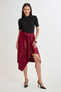 Elie Tahari Asymmetric Hem Satin Midi Skirt- Bottoms