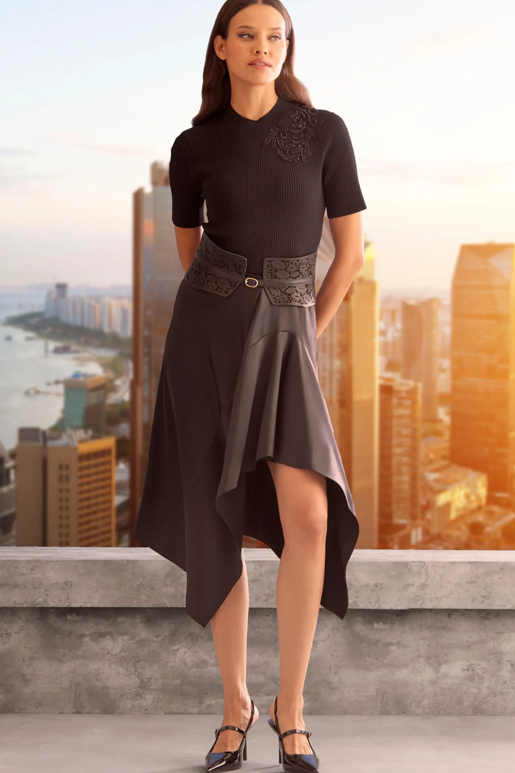 Elie Tahari Asymmetric Hem Satin Midi Skirt- Bottoms