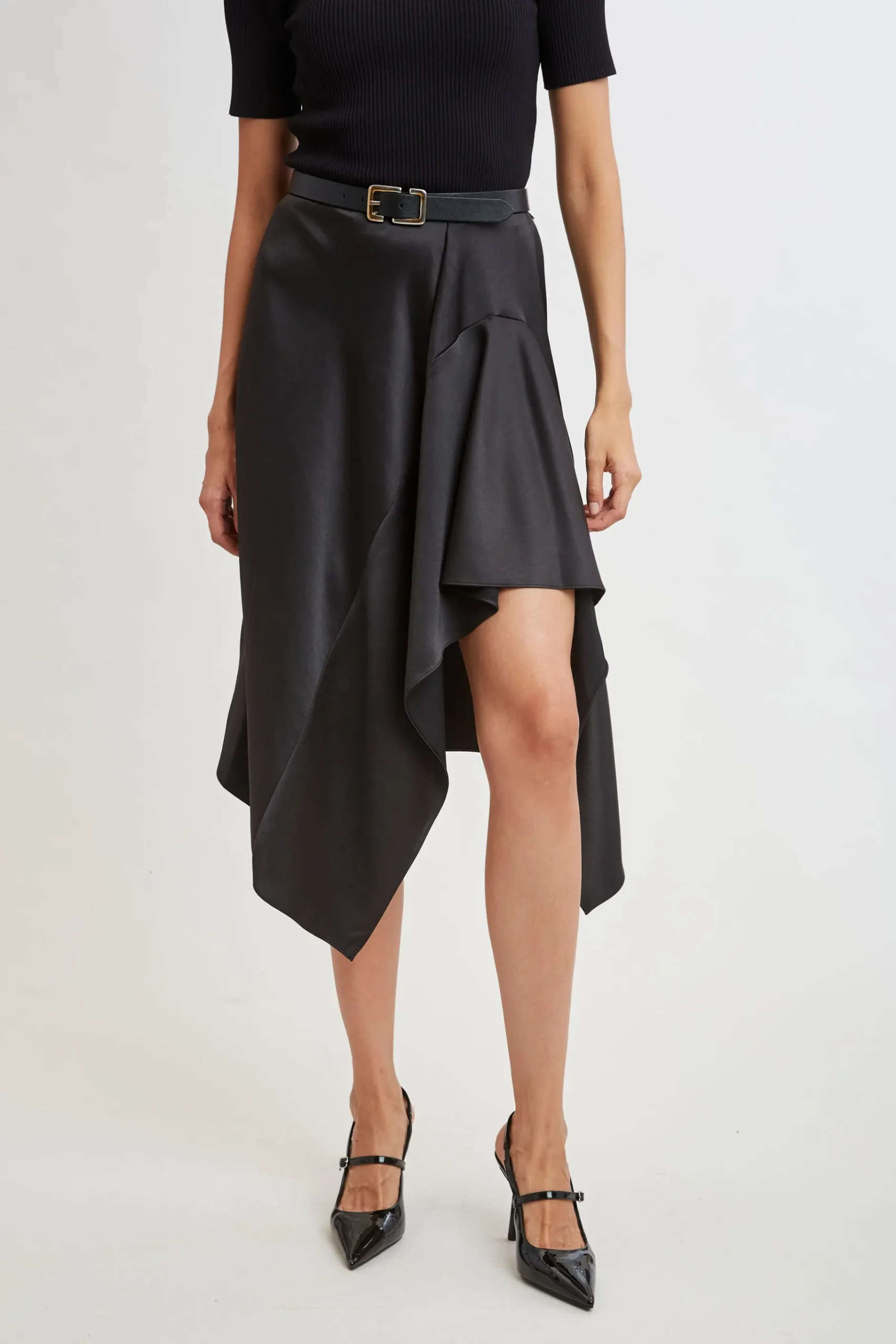 Elie Tahari Asymmetric Hem Satin Midi Skirt- Bottoms