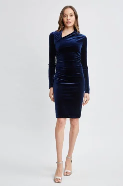 Elie Tahari Asymmetric Ruched Velvet Dress- Dresses & Jumpsuits|Suiting