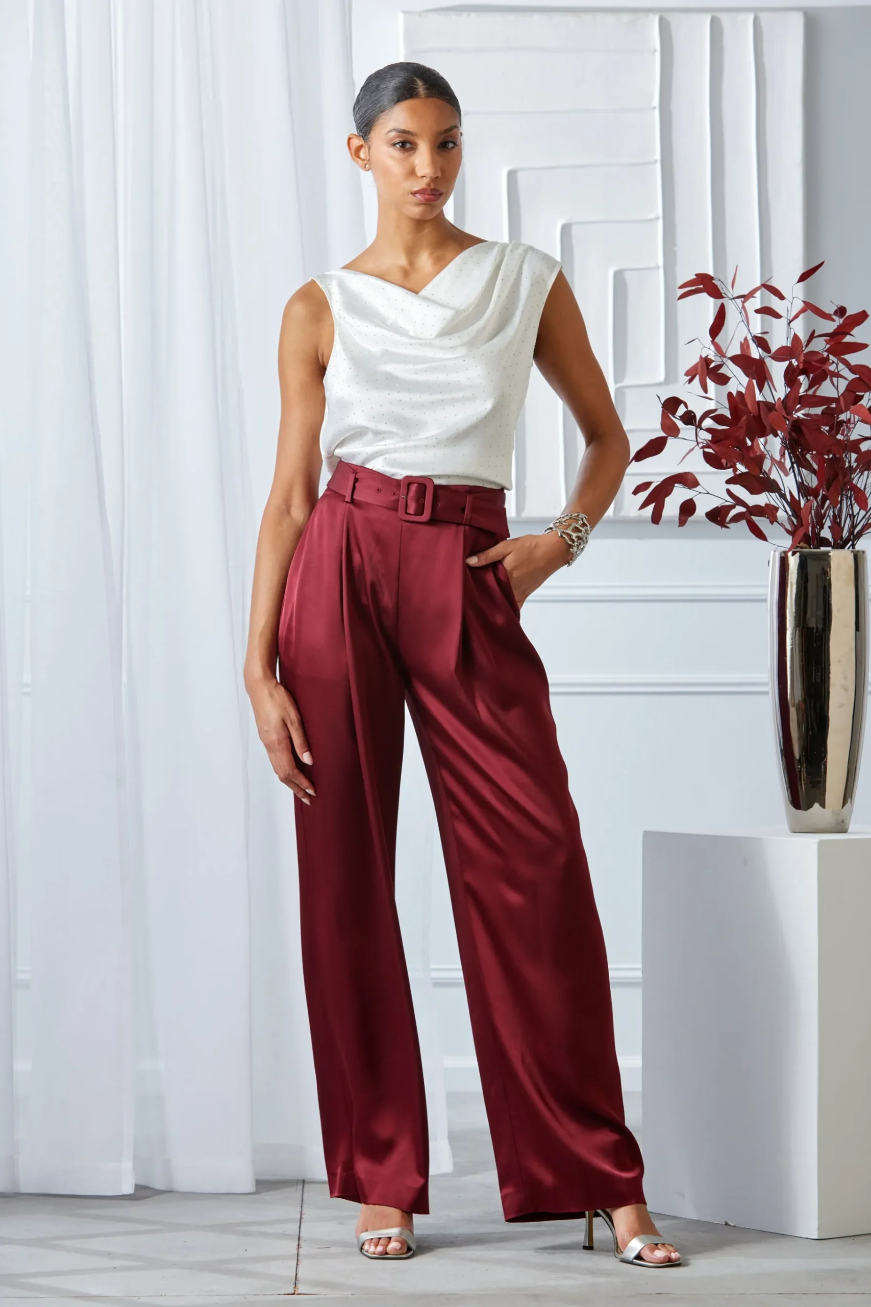 Elie Tahari Belted Satin Pleated Pant- Bottoms
