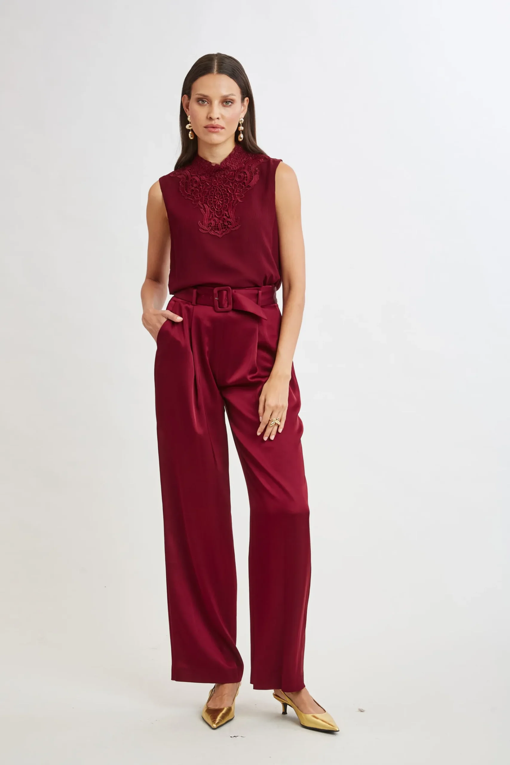 Elie Tahari Belted Satin Pleated Pant- Bottoms