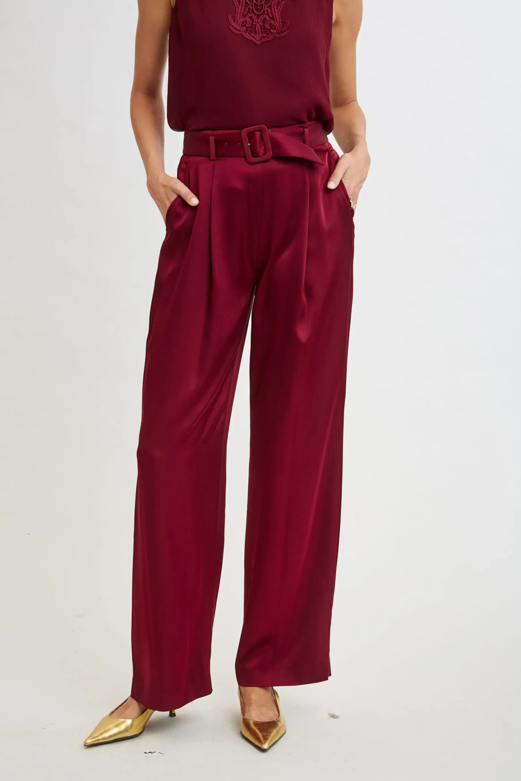 Elie Tahari Belted Satin Pleated Pant- Bottoms