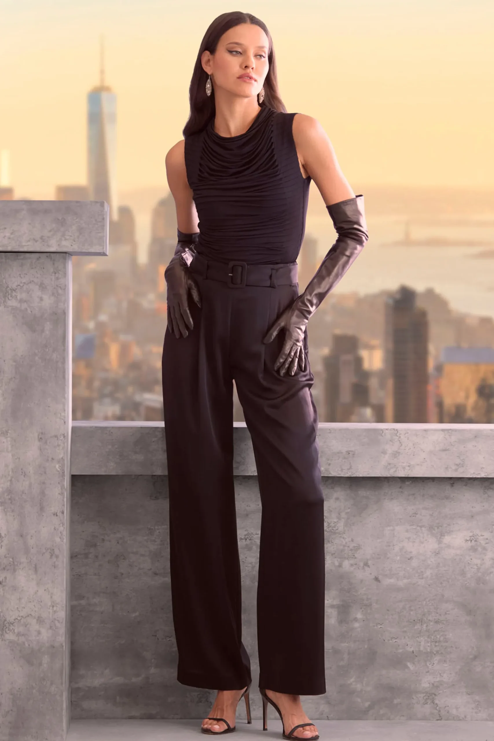 Elie Tahari Belted Satin Pleated Pant- Bottoms