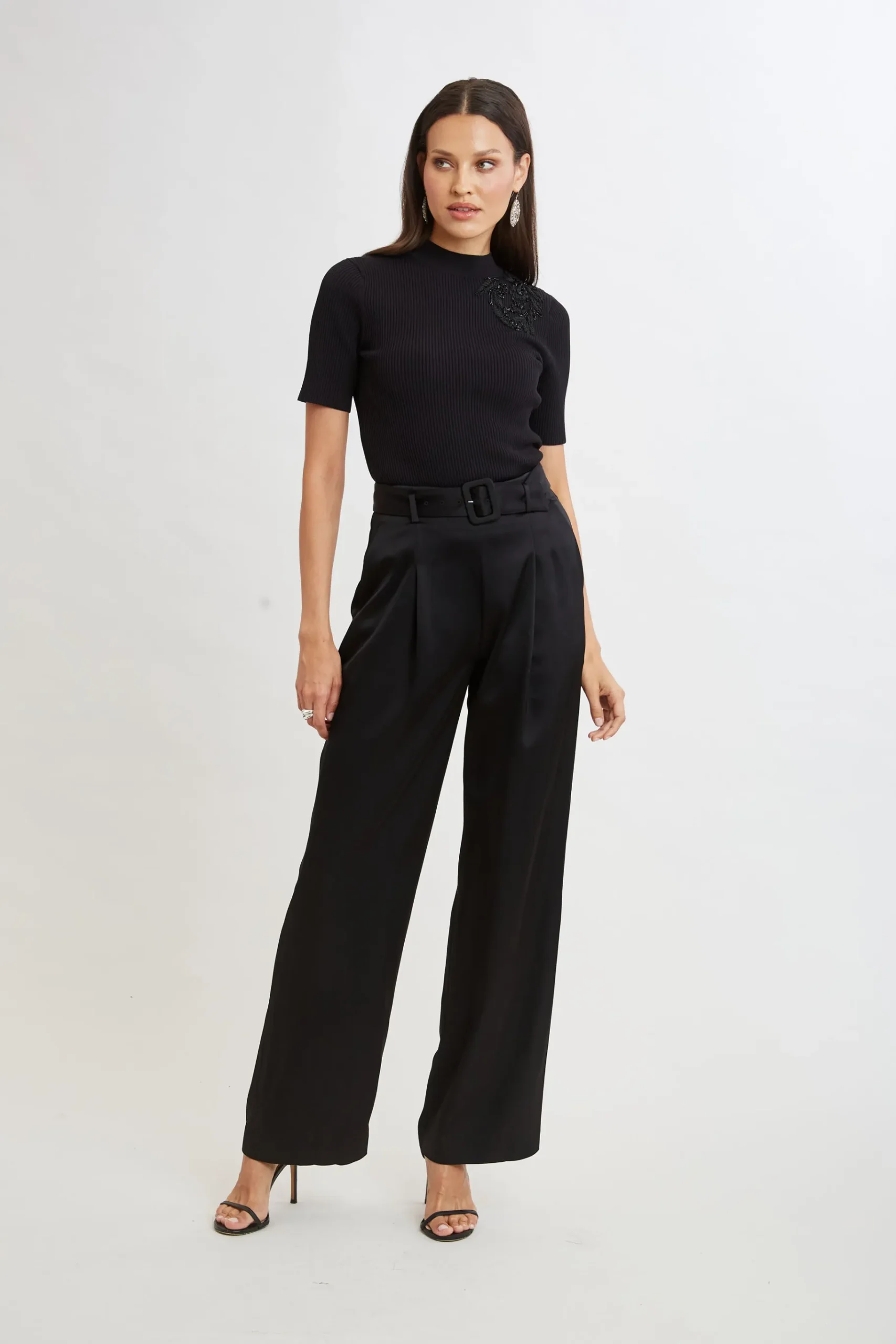 Elie Tahari Belted Satin Pleated Pant- Bottoms