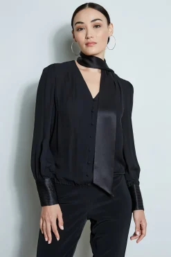 Elie Tahari Blouson Satin Tie Shirt- Tops & Sweaters