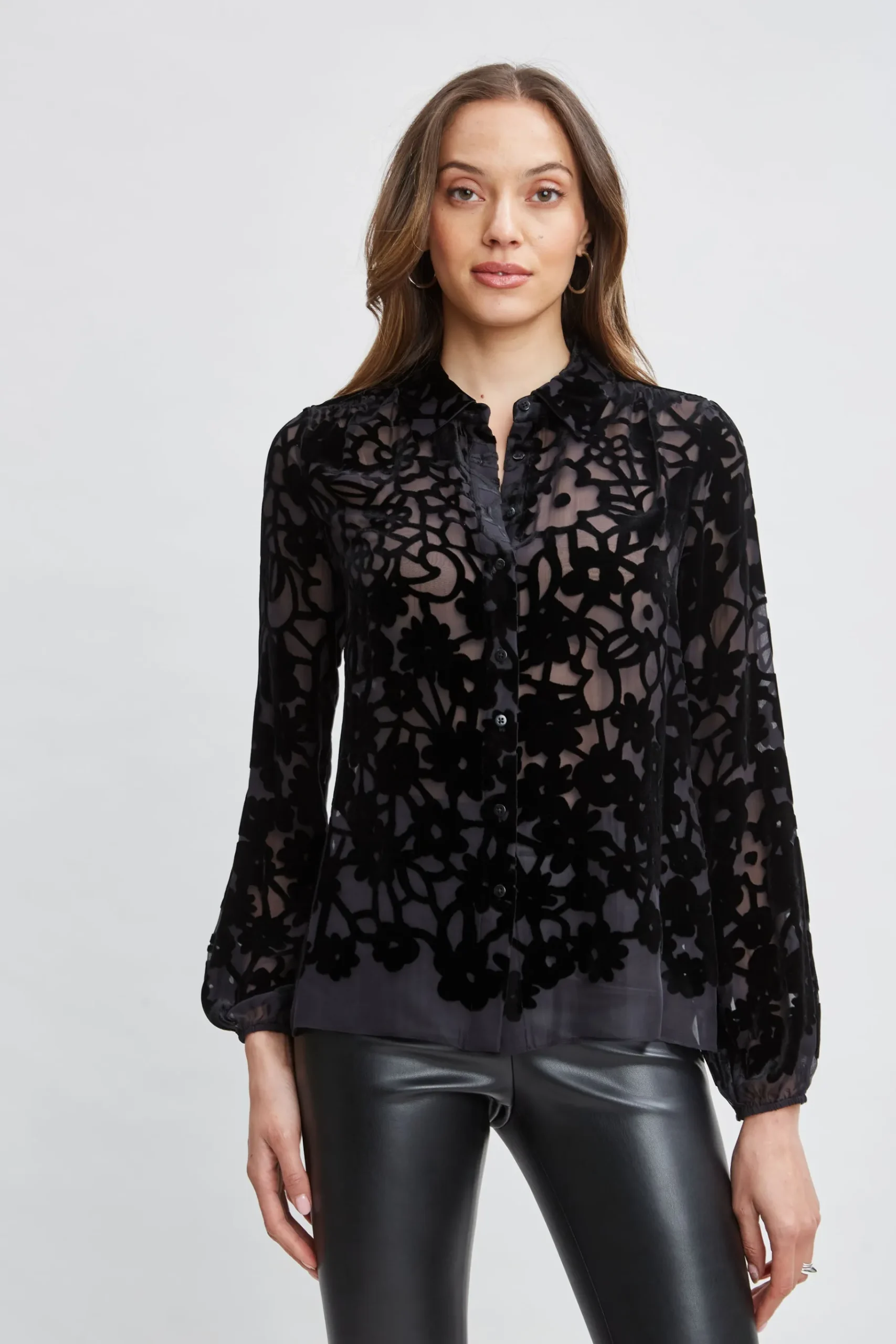 Elie Tahari Burnout Silk Velvet Burnout Shirt- Tops & Sweaters