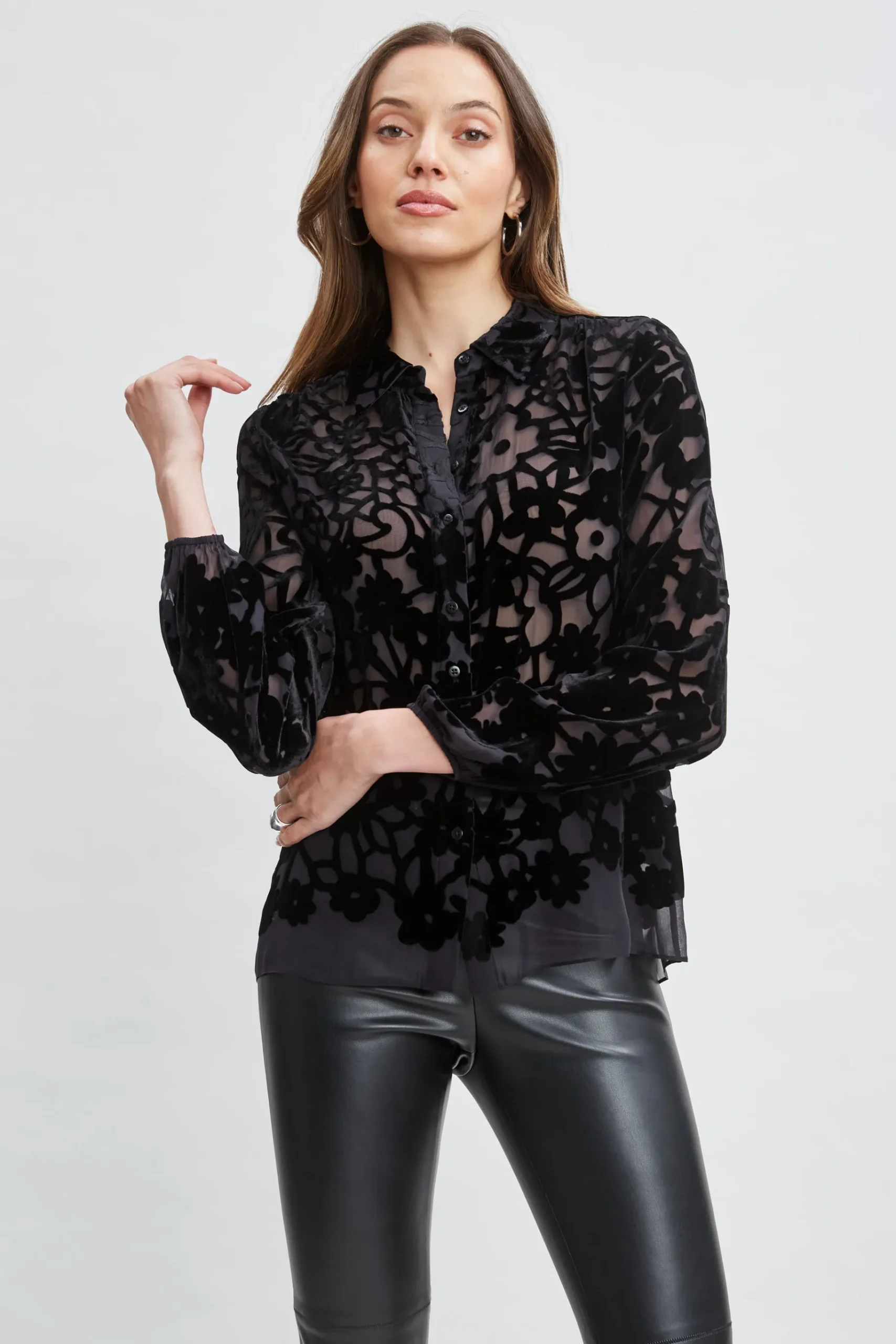 Elie Tahari Burnout Silk Velvet Burnout Shirt- Tops & Sweaters