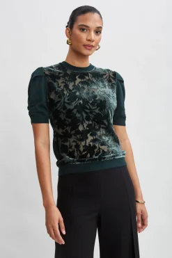 Elie Tahari Burnout Velvet Short Sleeve Sweater- Tops & Sweaters
