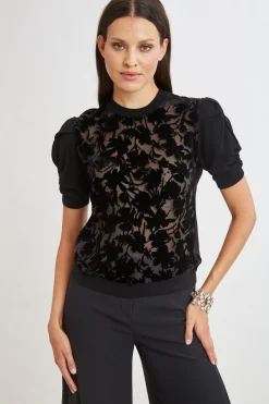 Elie Tahari Burnout Velvet Short Sleeve Sweater- Tops & Sweaters