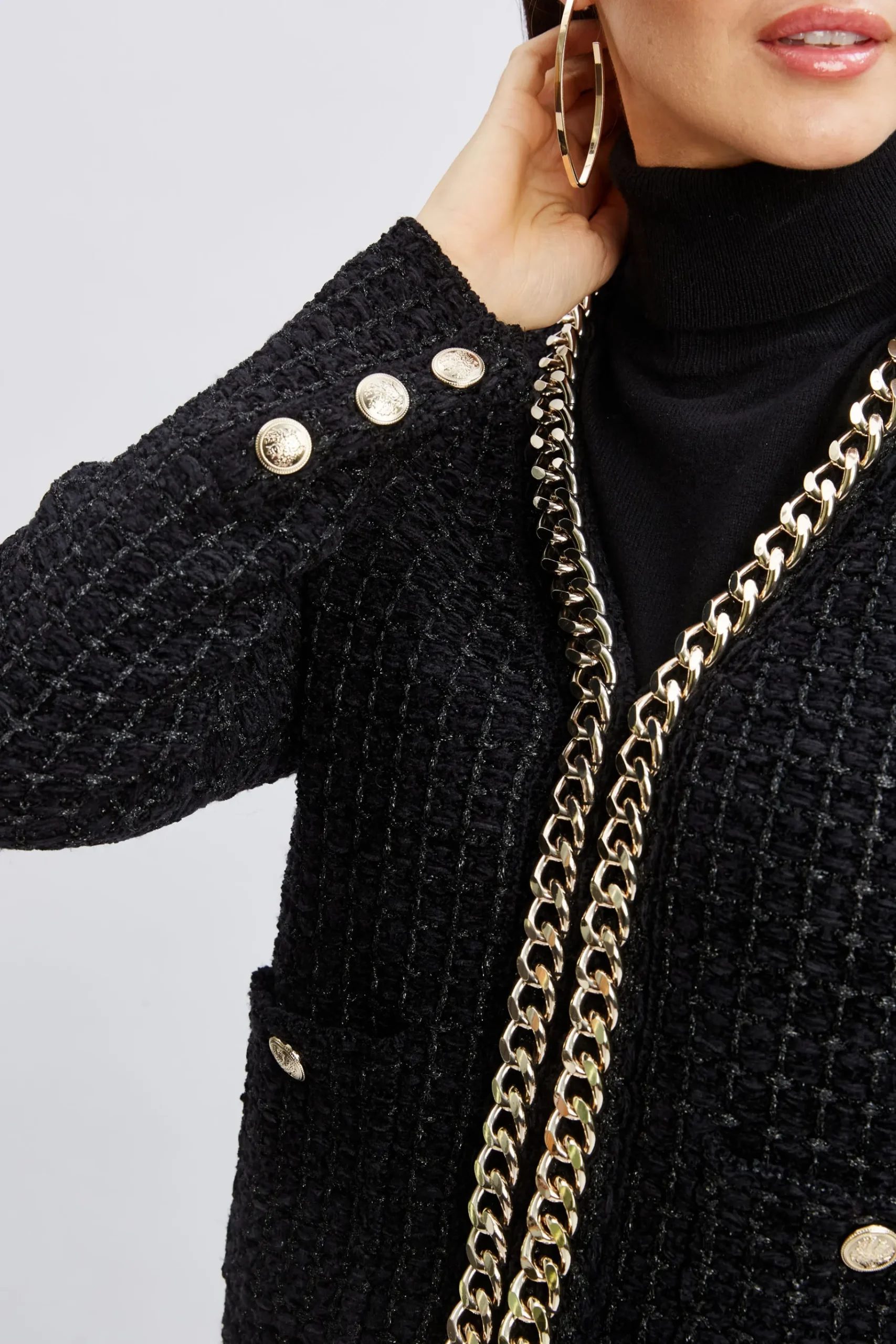 Elie Tahari Chain Trim Metallic Cardigan- Tops & Sweaters|Suiting