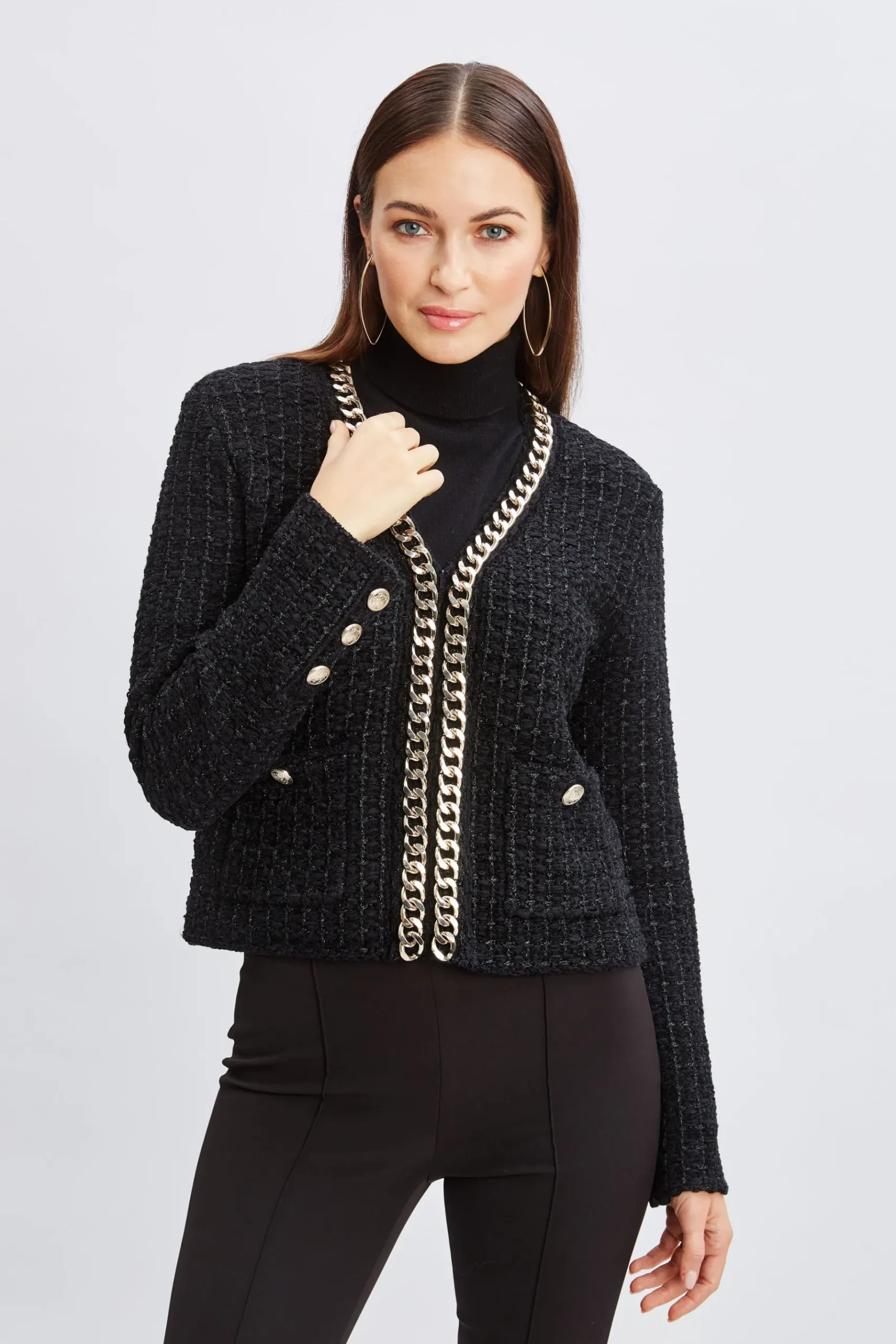 Elie Tahari Chain Trim Metallic Cardigan- Tops & Sweaters|Suiting