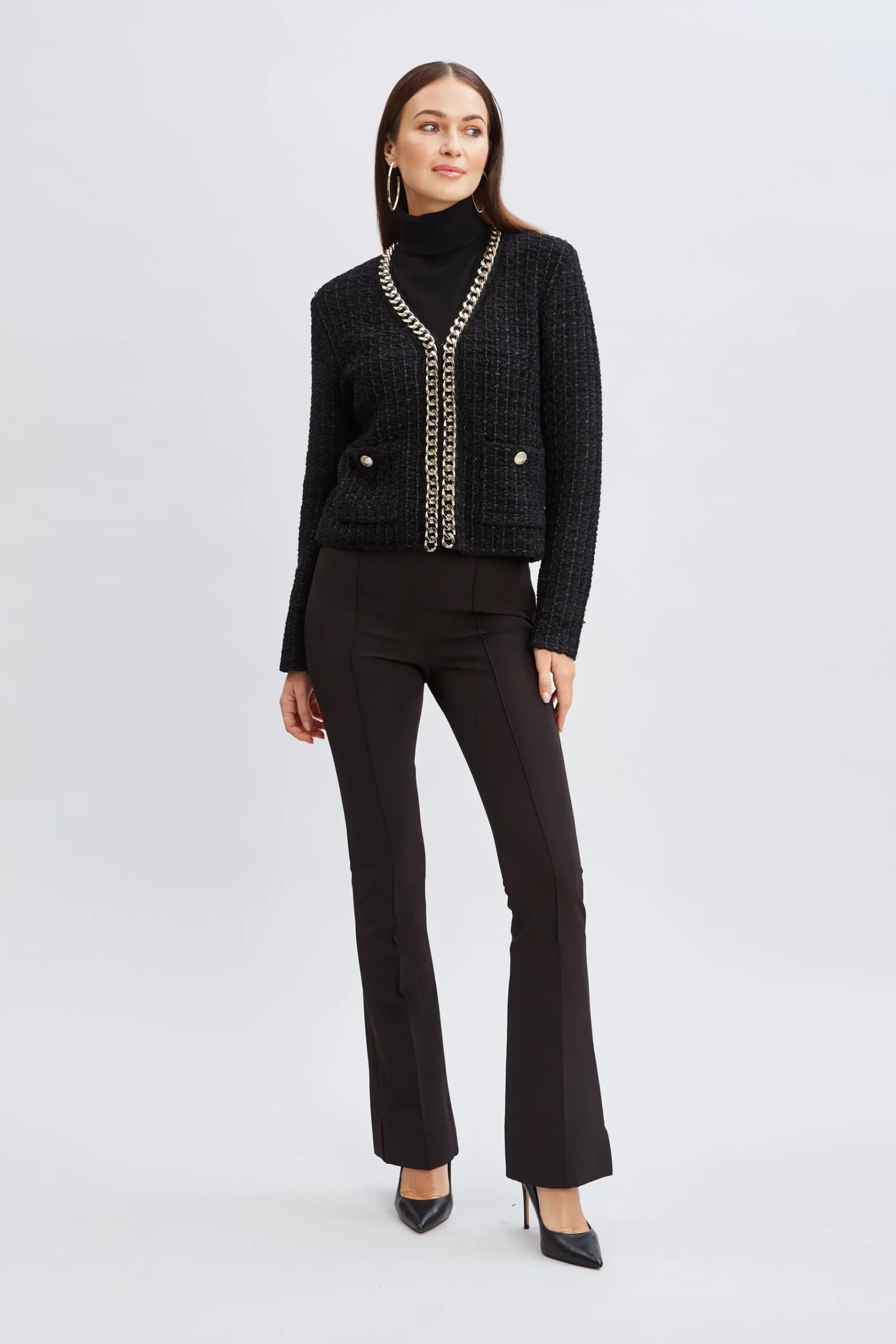 Elie Tahari Chain Trim Metallic Cardigan- Tops & Sweaters|Suiting