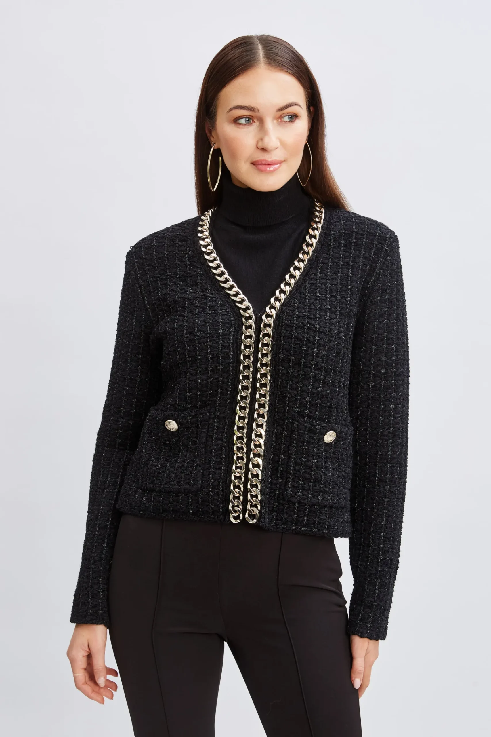 Elie Tahari Chain Trim Metallic Cardigan- Tops & Sweaters|Suiting
