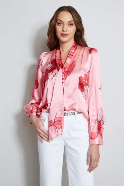 Elie Tahari Chelsea Floral Tie Neck Shirt- Tops & Sweaters
