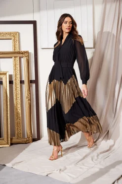 Elie Tahari Chiffon Gilded Pleated Maxi Dress- Dresses & Jumpsuits|Maxi Dresses