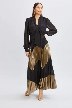 Elie Tahari Chiffon Gilded Pleated Maxi Dress- Dresses & Jumpsuits|Maxi Dresses