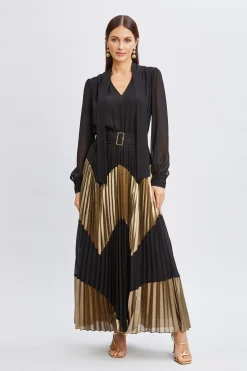 Elie Tahari Chiffon Gilded Pleated Maxi Dress- Dresses & Jumpsuits|Maxi Dresses