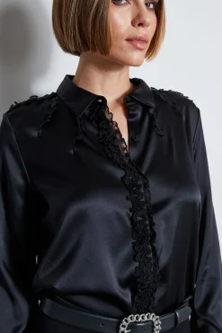 Elie Tahari Chiffon Ruffle Silk Satin Shirt- Tops & Sweaters|Suiting