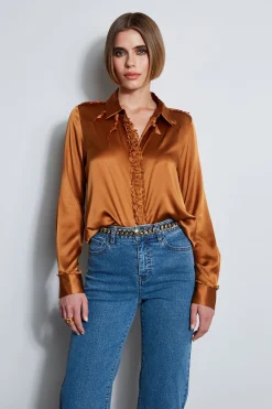 Elie Tahari Chiffon Ruffle Silk Satin Shirt- Tops & Sweaters