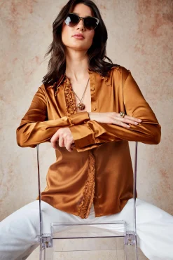 Elie Tahari Chiffon Ruffle Silk Satin Shirt- Tops & Sweaters