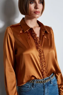 Elie Tahari Chiffon Ruffle Silk Satin Shirt- Tops & Sweaters