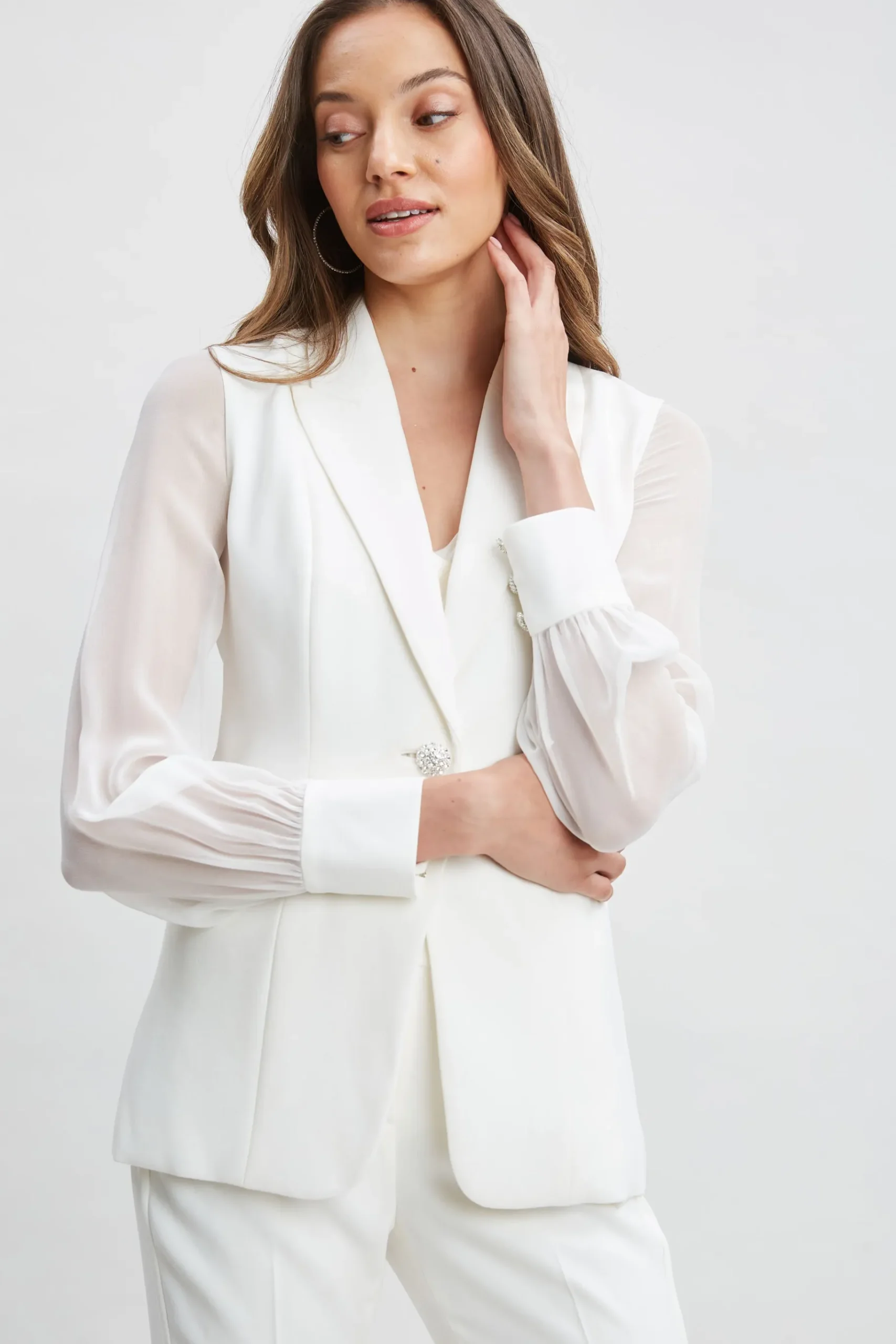 Elie Tahari Chiffon Sleeve Jewel Button Blazer- Jackets & Blazers|Suiting