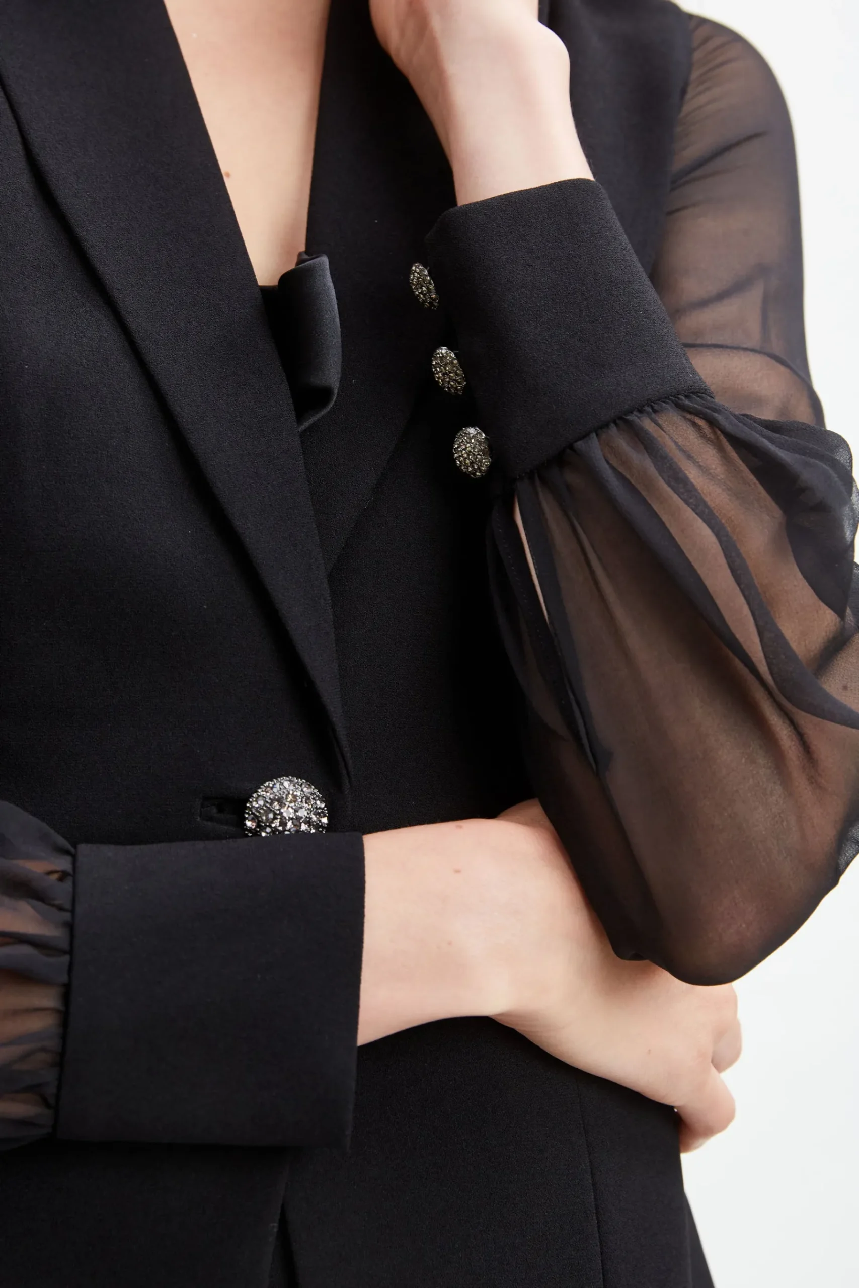 Elie Tahari Chiffon Sleeve Jewel Button Blazer- Suiting|Jackets & Blazers