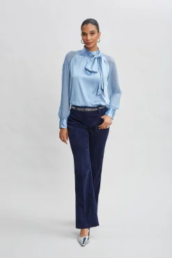 Elie Tahari Chiffon Sleeve Silk Satin Tie Shirt- Tops & Sweaters