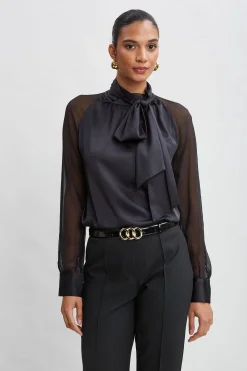 Elie Tahari Chiffon Sleeve Silk Satin Tie Shirt- Tops & Sweaters