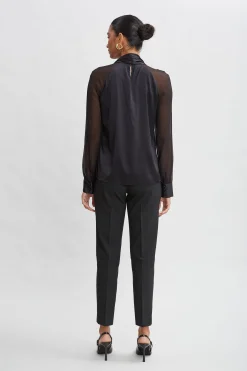 Elie Tahari Chiffon Sleeve Silk Satin Tie Shirt- Tops & Sweaters