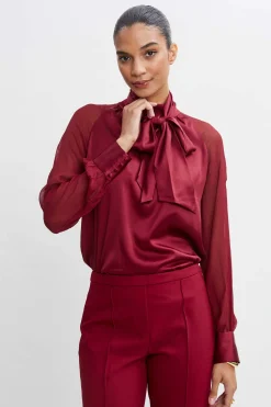 Elie Tahari Chiffon Sleeve Silk Satin Tie Shirt- Tops & Sweaters|Suiting