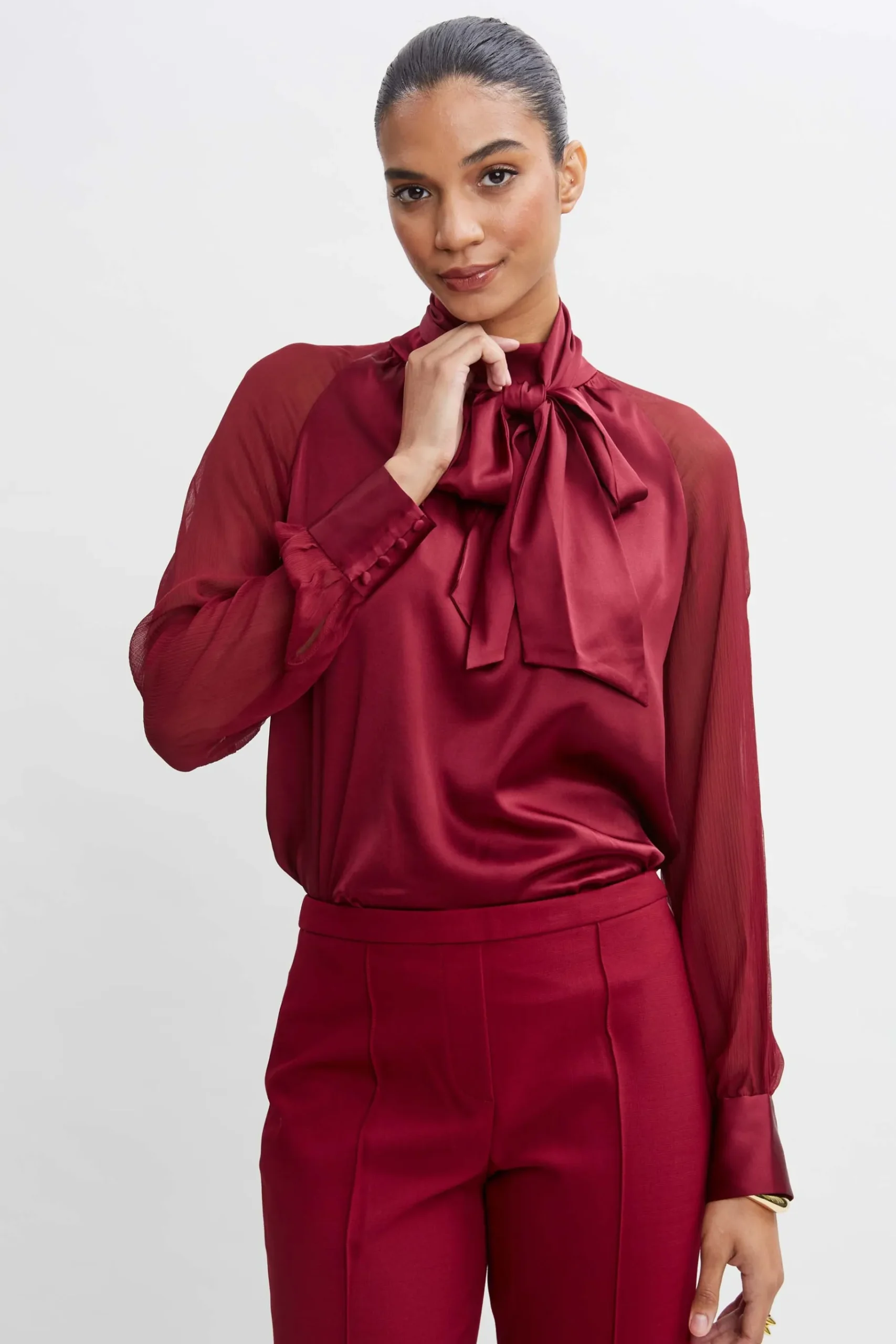 Elie Tahari Chiffon Sleeve Silk Satin Tie Shirt- Tops & Sweaters|Suiting