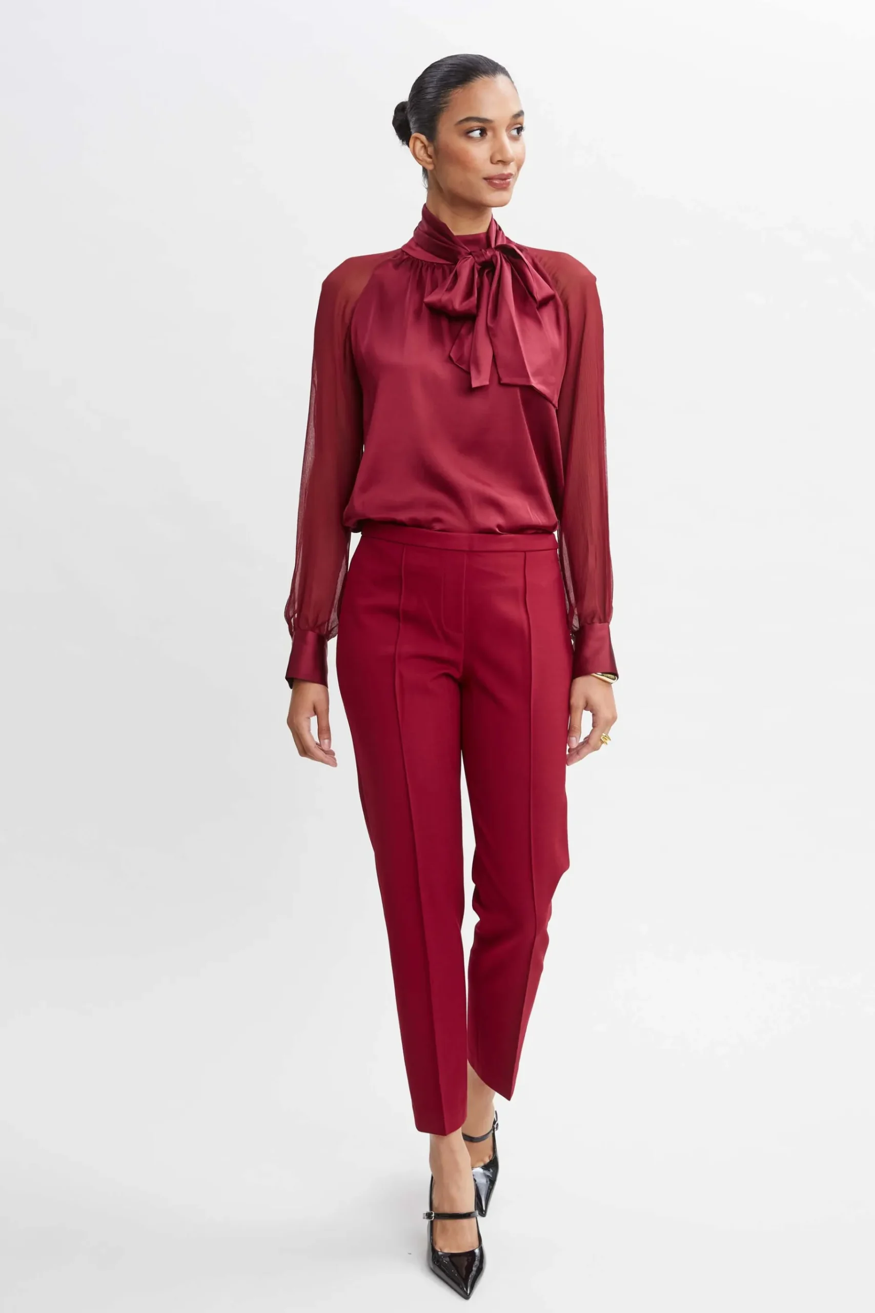 Elie Tahari Chiffon Sleeve Silk Satin Tie Shirt- Tops & Sweaters|Suiting