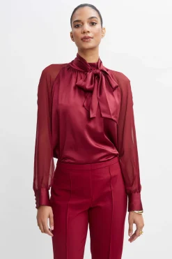 Elie Tahari Chiffon Sleeve Silk Satin Tie Shirt- Tops & Sweaters|Suiting