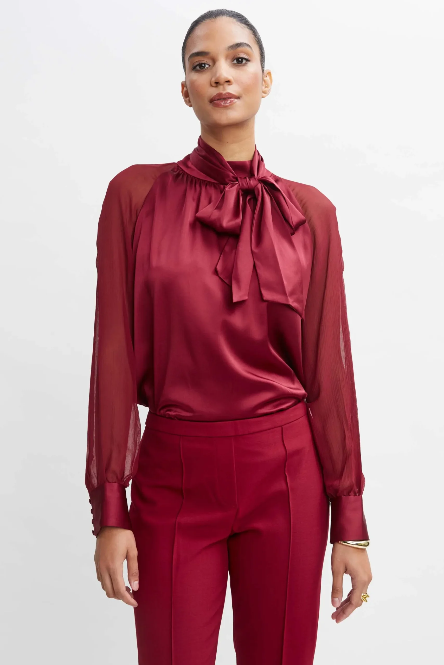Elie Tahari Chiffon Sleeve Silk Satin Tie Shirt- Tops & Sweaters|Suiting