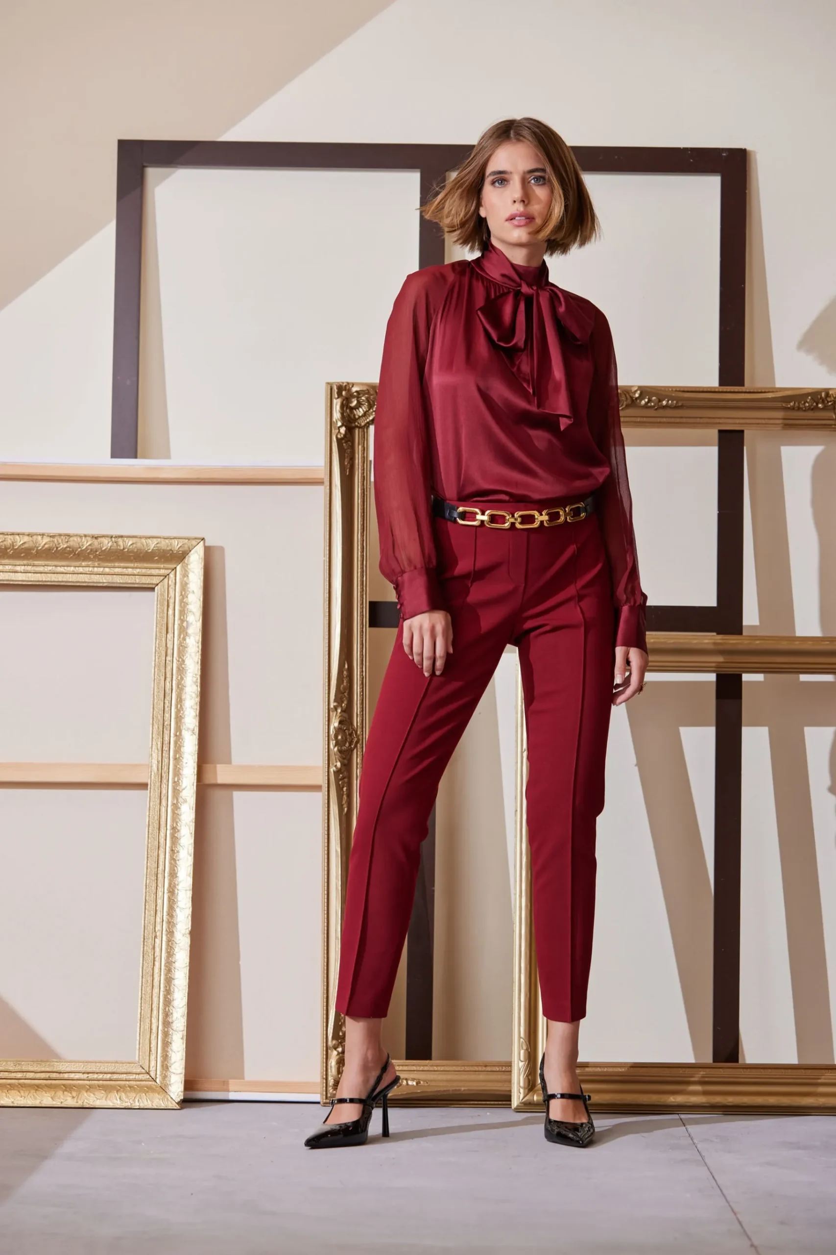 Elie Tahari Chiffon Sleeve Silk Satin Tie Shirt- Tops & Sweaters|Suiting