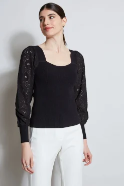 Elie Tahari Contour Neck Lace Sleeve Sweater- Tops & Sweaters