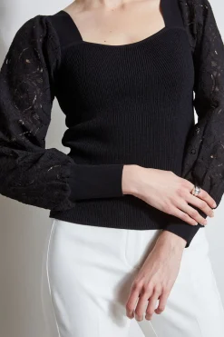 Elie Tahari Contour Neck Lace Sleeve Sweater- Tops & Sweaters