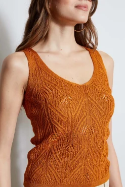 Elie Tahari Cotton Crochet V-Neck Sweater- Tops & Sweaters