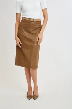 Elie Tahari Croco Embossed Vegan Leather Midi Skirt- Bottoms|Suiting