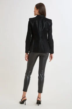 Elie Tahari Croco Embossed Vegan Leather Panel Blazer- Jackets & Blazers|Suiting