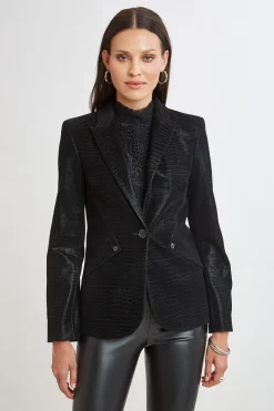 Elie Tahari Croco Embossed Vegan Leather Panel Blazer- Jackets & Blazers|Suiting