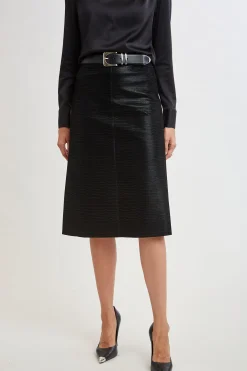 Elie Tahari Croco Embossed Vegan Leather Midi Skirt- Bottoms|Suiting