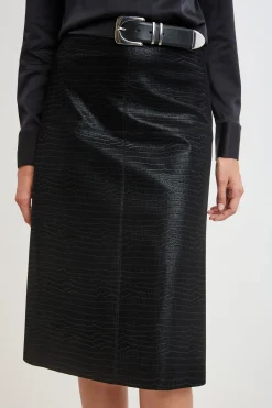 Elie Tahari Croco Embossed Vegan Leather Midi Skirt- Bottoms|Suiting