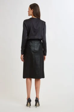Elie Tahari Croco Embossed Vegan Leather Midi Skirt- Bottoms|Suiting