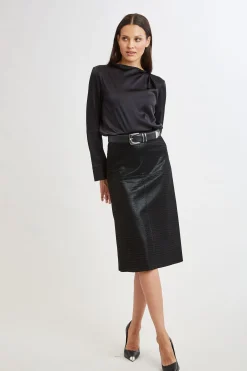 Elie Tahari Croco Embossed Vegan Leather Midi Skirt- Bottoms|Suiting
