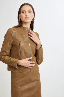 Elie Tahari Croco Embossed Vegan Leather Motto Jacket- Jackets & Blazers|Suiting