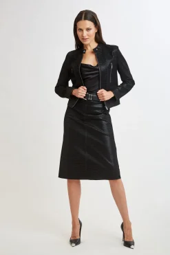 Elie Tahari Croco Embossed Vegan Leather Motto Jacket- Jackets & Blazers|Suiting